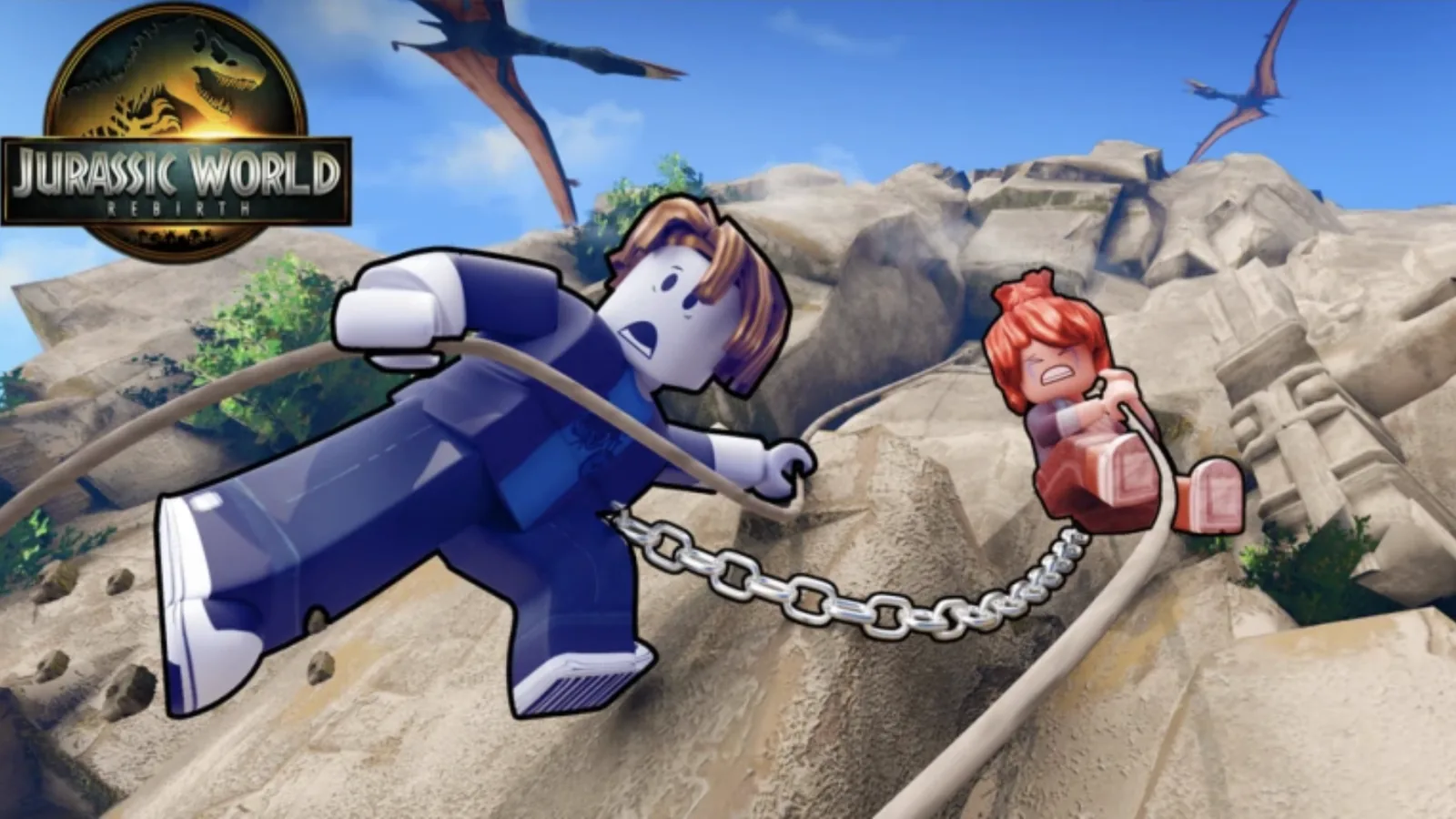 Chained key art for Jurassic World Rebirth: two Roblox avatars chained together on a cliff, with flying reptiles overhead.