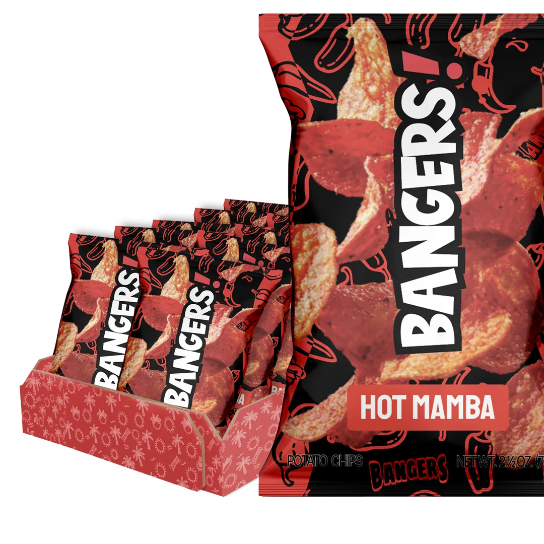 3D packshot of a BANGERS! Hot Mamba bag in front of its display carton.