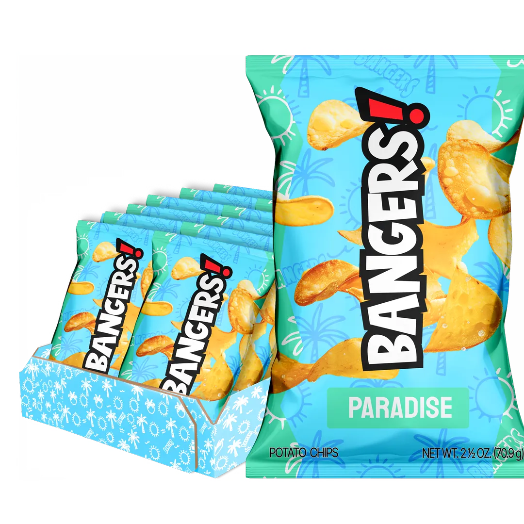 3D packshot of a BANGERS! Paradise bag in front of its display carton.