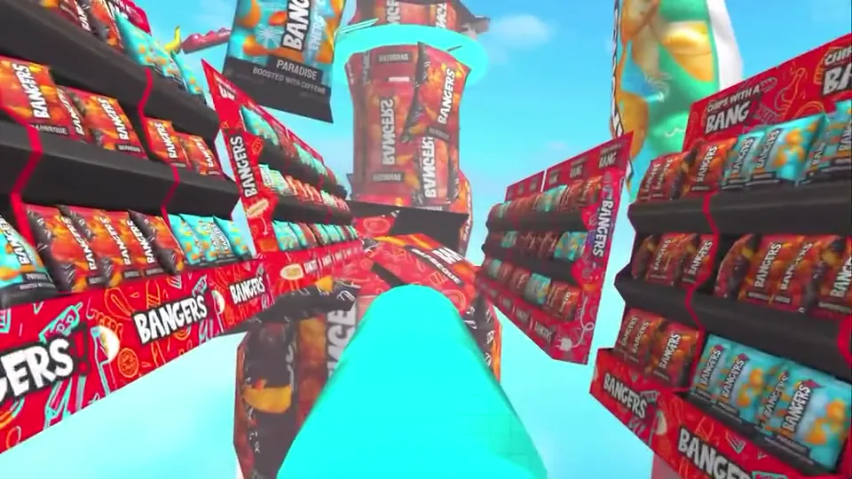 A teal track runs between shelves stacked with BANGERS! packs.