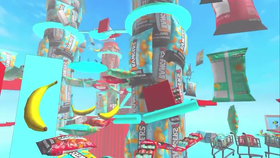 Towers of giant BANGERS! bags rise into the sky, with bananas floating between them.