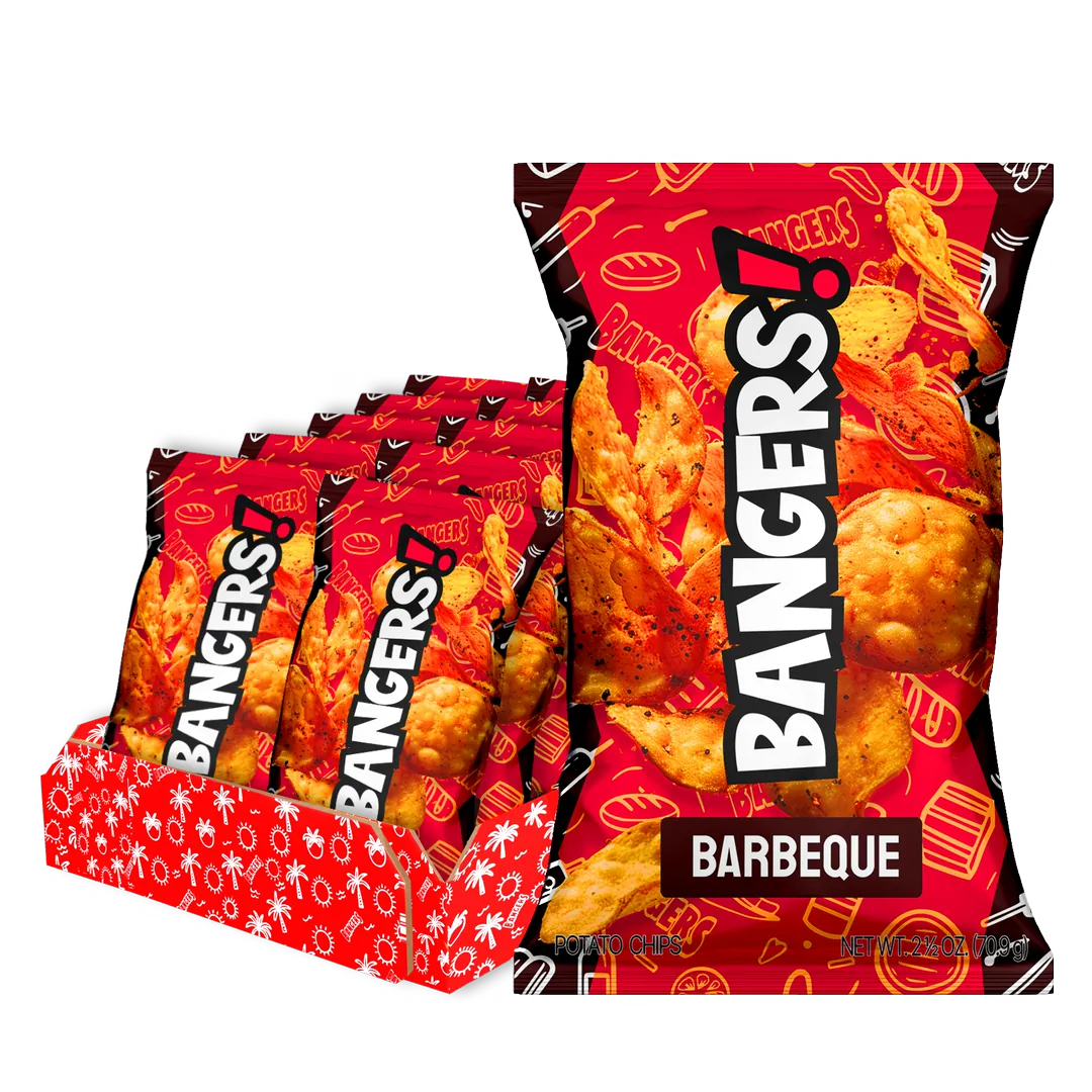 3D packshot of a BANGERS! Barbeque bag in front of its display carton