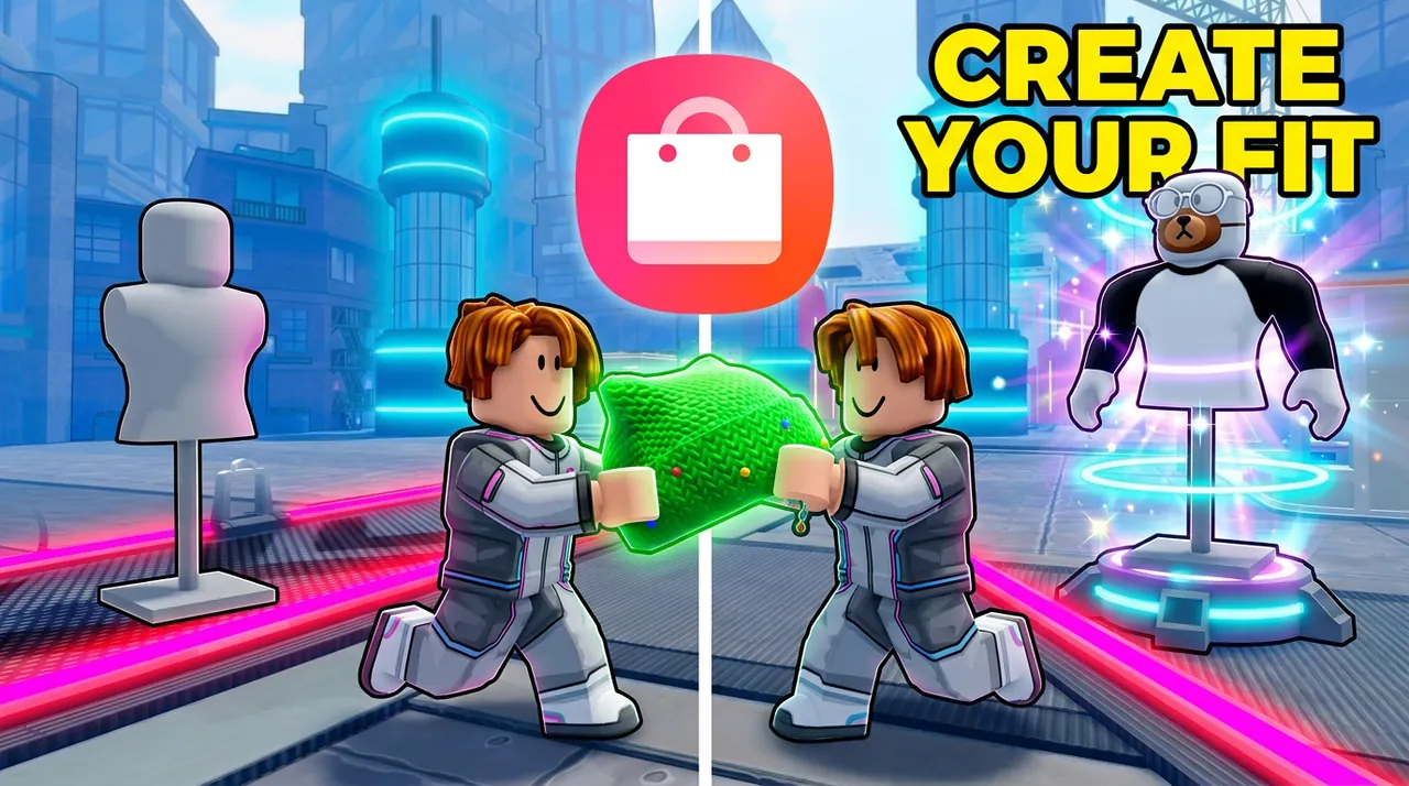 Approved thumbnail: two avatars in grey suits pass a green beanie on the runway, under the words Create your fit