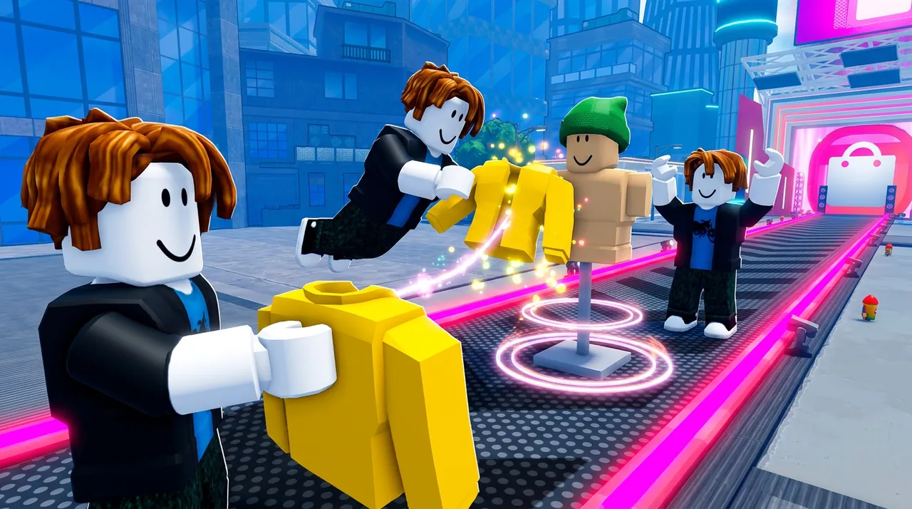 Approved thumbnail: an avatar holds out a yellow jacket while others pass clothes down the runway