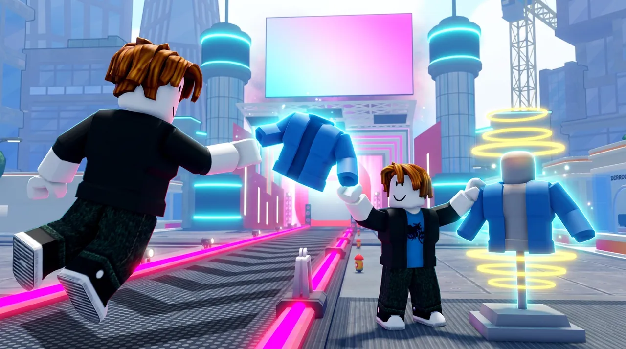 Approved thumbnail: an avatar leaps with a blue jacket toward a mannequin in rings of light