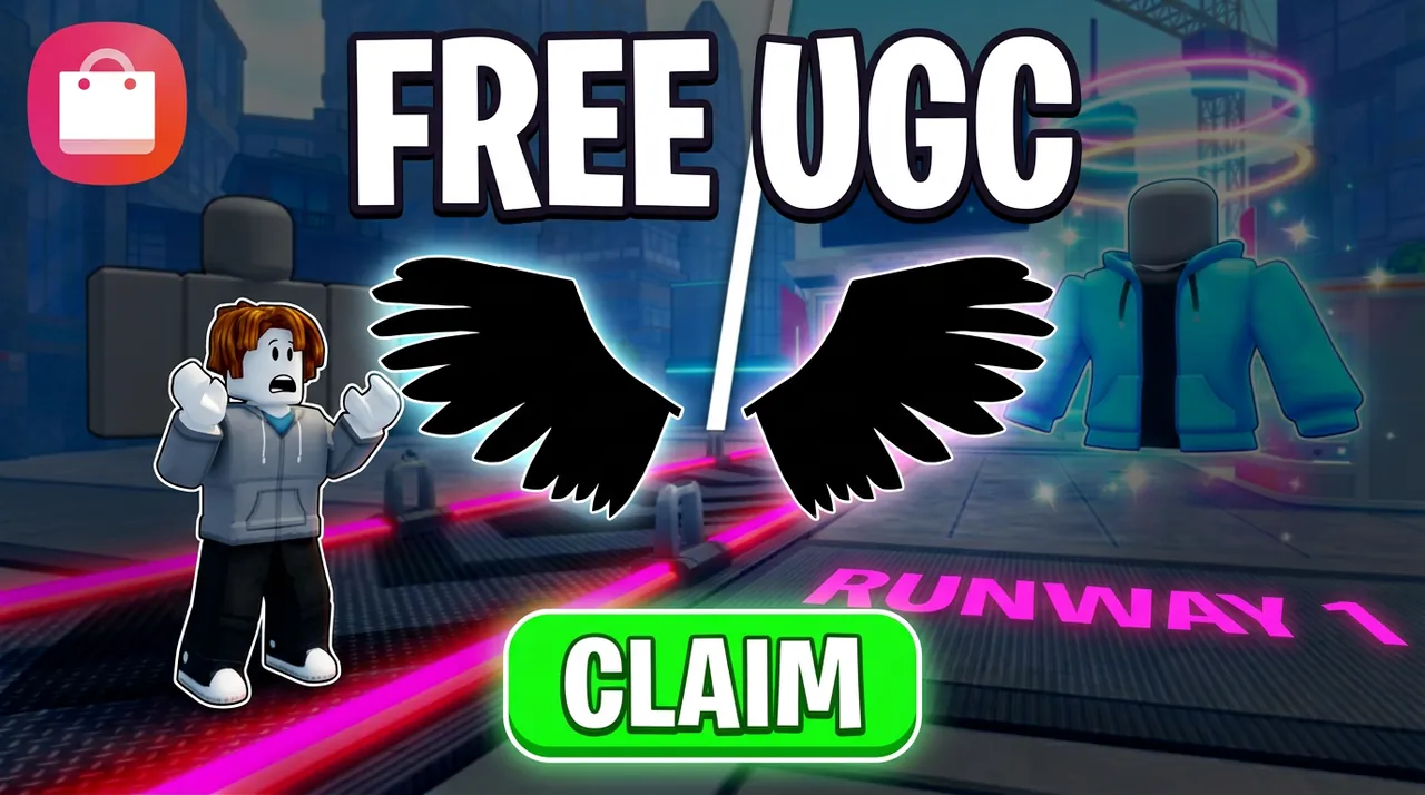 Approved thumbnail: black wings, the words Free UGC and a Claim button on the runway