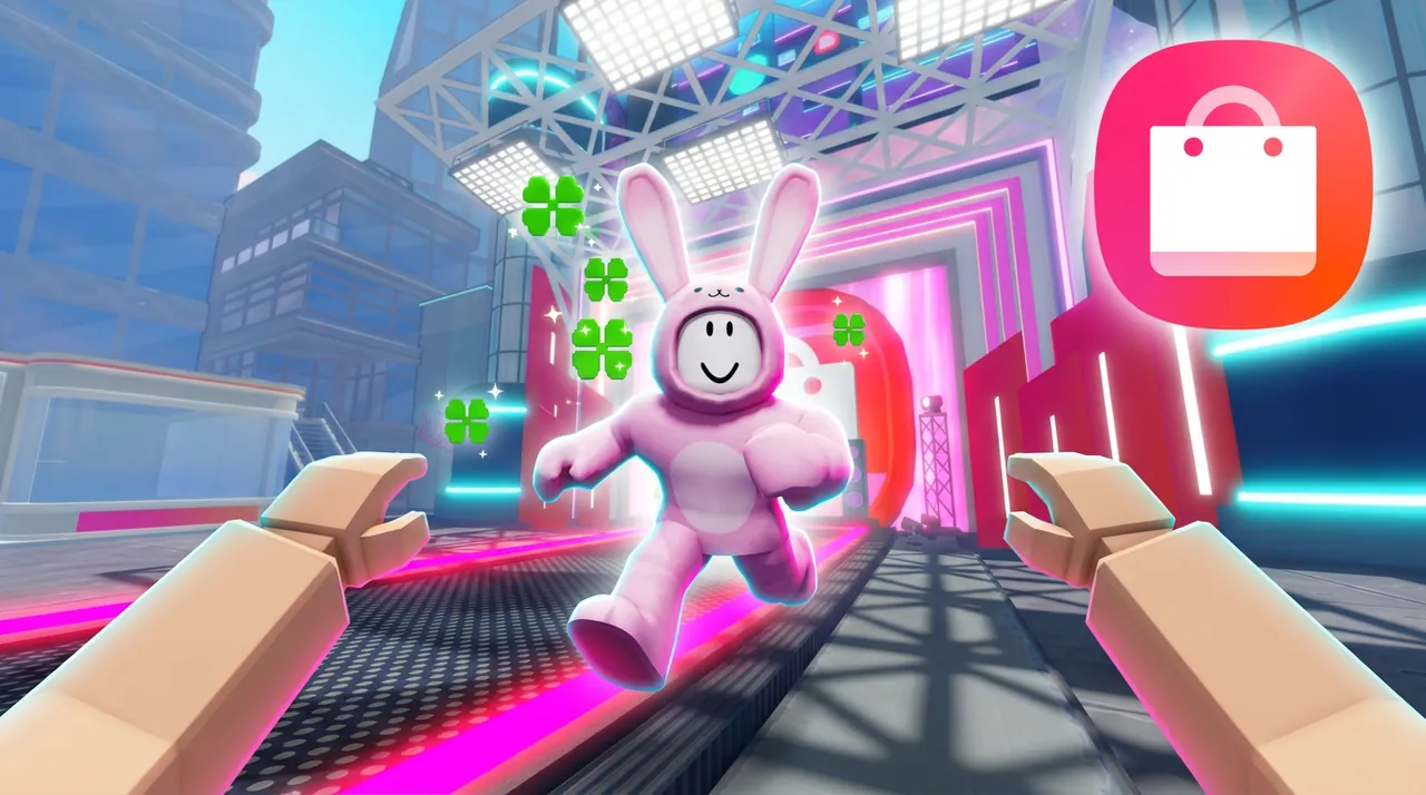 Approved thumbnail: an avatar in a pink bunny suit runs toward the player’s hands on the runway