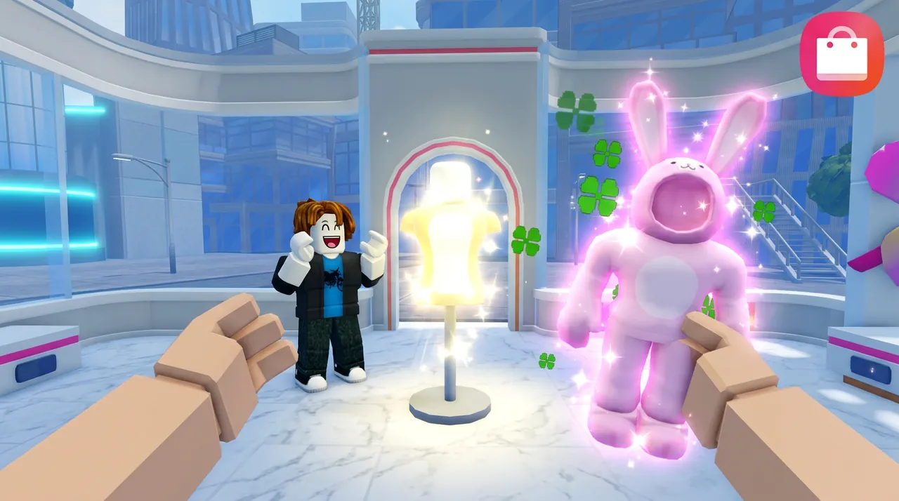 Approved thumbnail: a pink bunny suit beside a glowing outfit on a stand in a white room