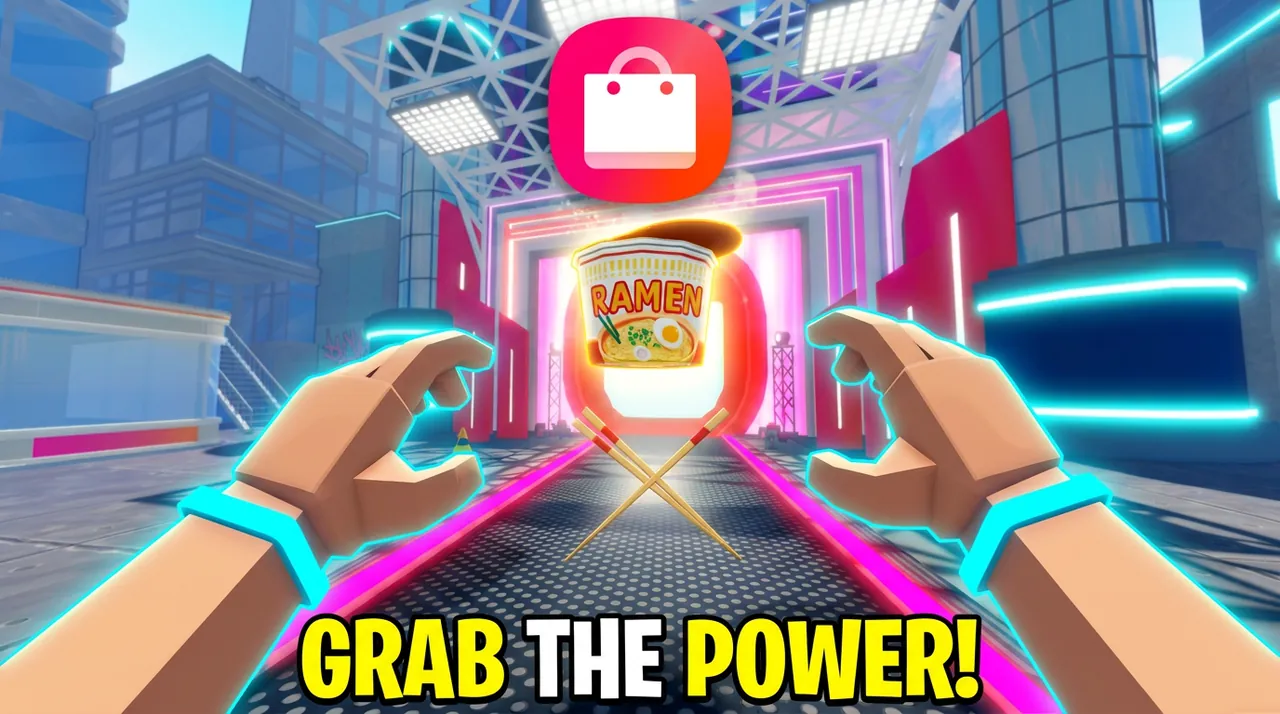 Catch the Drop thumbnail: a player’s hands reach for a glowing ramen cup on the runway, under the words Grab the power!
