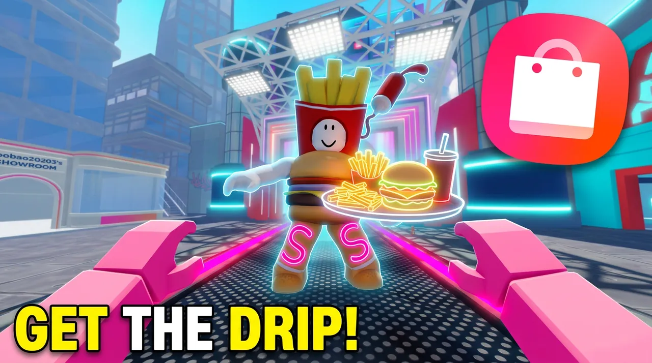Catch the Drop thumbnail: an avatar dressed as fries and a burger holds a tray of food on the runway, under the words Get the drip!