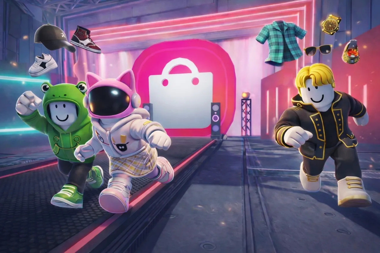 Catch the Drop promo art: avatars in a frog hoodie, a space helmet and a black-and-gold jacket run out of a shopping-bag arch as clothes fly overhead.