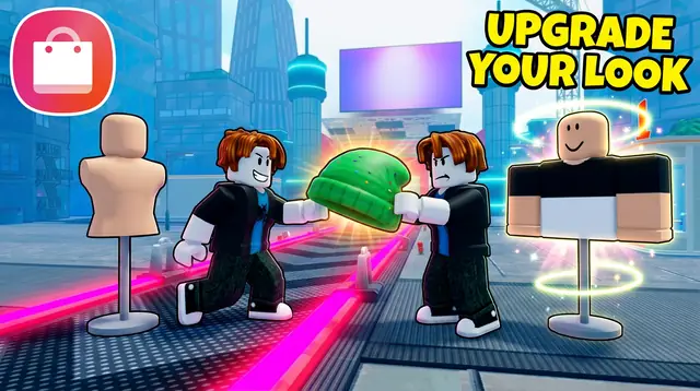 Thumbnail concept, not picked: two avatars pass a green beanie toward a mannequin, under the words Upgrade your look