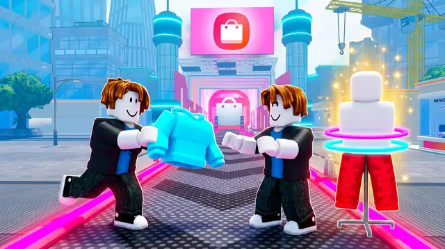 Thumbnail concept, not picked: two avatars pass a blue jacket toward a mannequin in red trousers