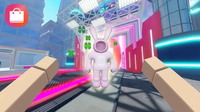 Thumbnail concept, not picked: a pink bunny suit glows on the runway between the player’s hands