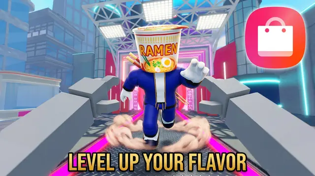 Thumbnail concept, not picked: an avatar with a ramen-cup head runs down the runway, under the words Level up your flavor