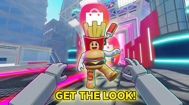 Thumbnail concept, not picked: an avatar in a fries-and-burger outfit dances, under the words Get the look!