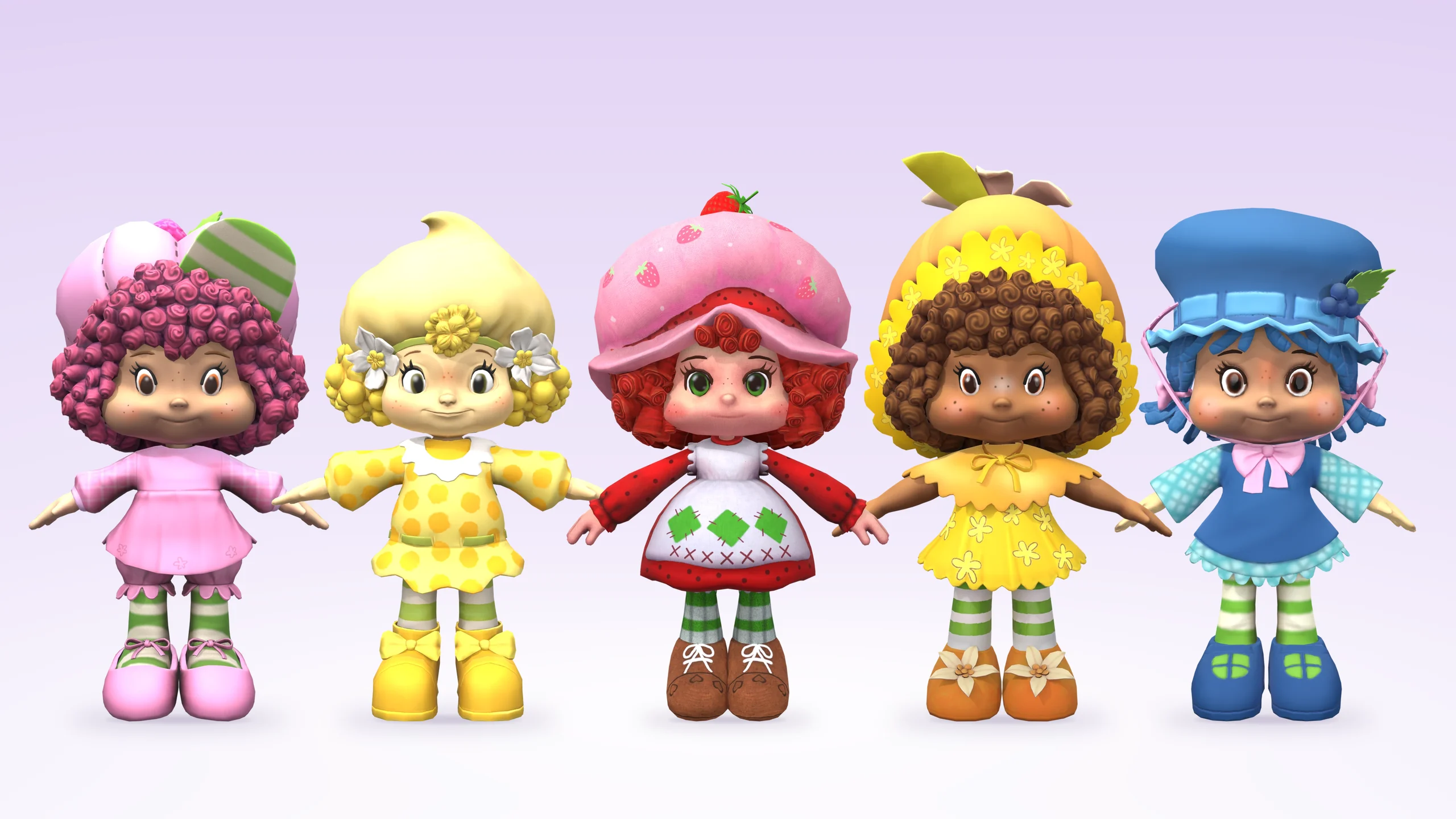 The five characters as Roblox-ready 3D models: Raspberry Tart, Lemon Meringue, Strawberry Shortcake, Orange Blossom and Blueberry Muffin.