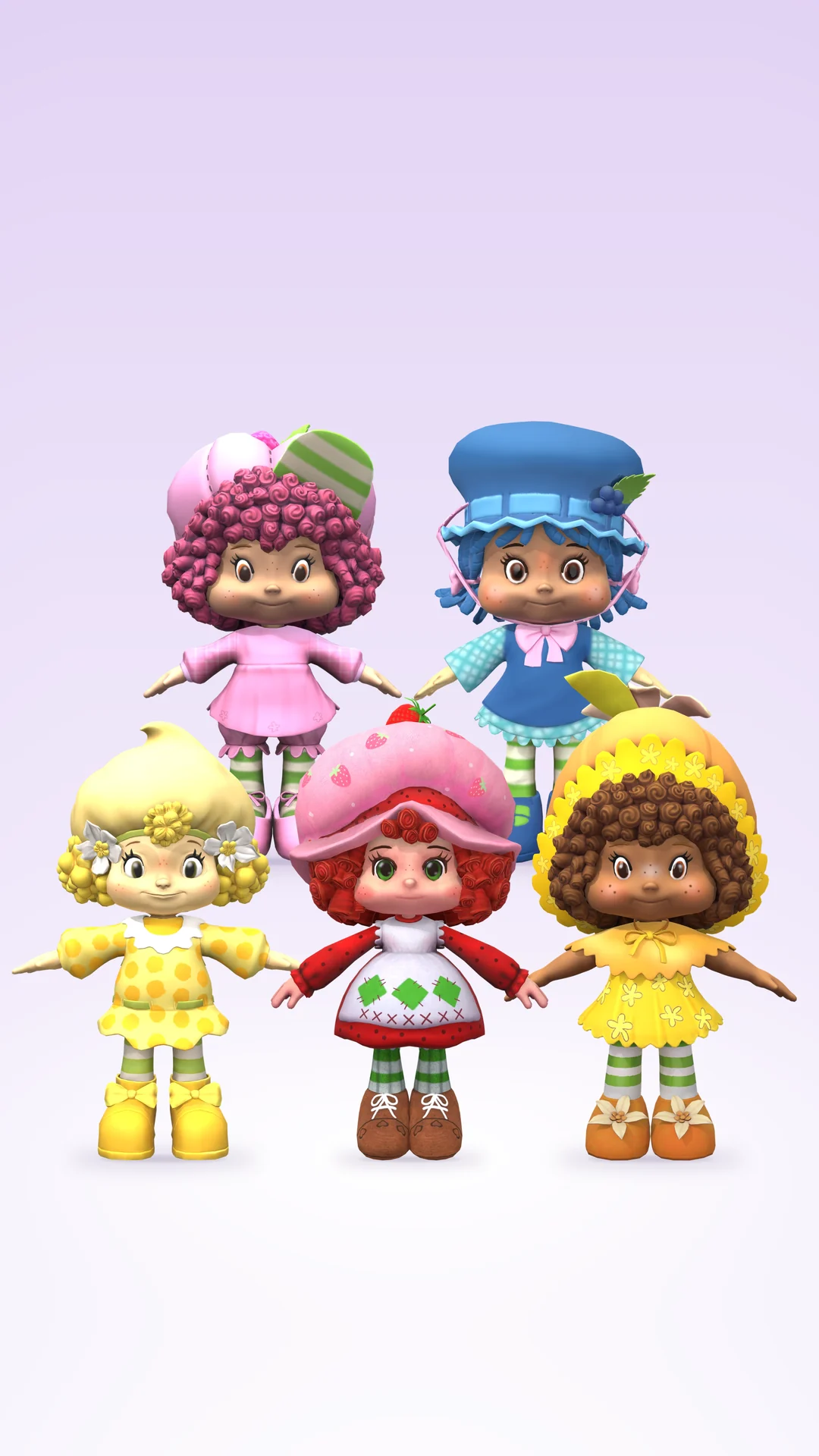 The five characters as Roblox-ready 3D models: Raspberry Tart and Blueberry Muffin behind Lemon Meringue, Strawberry Shortcake and Orange Blossom.