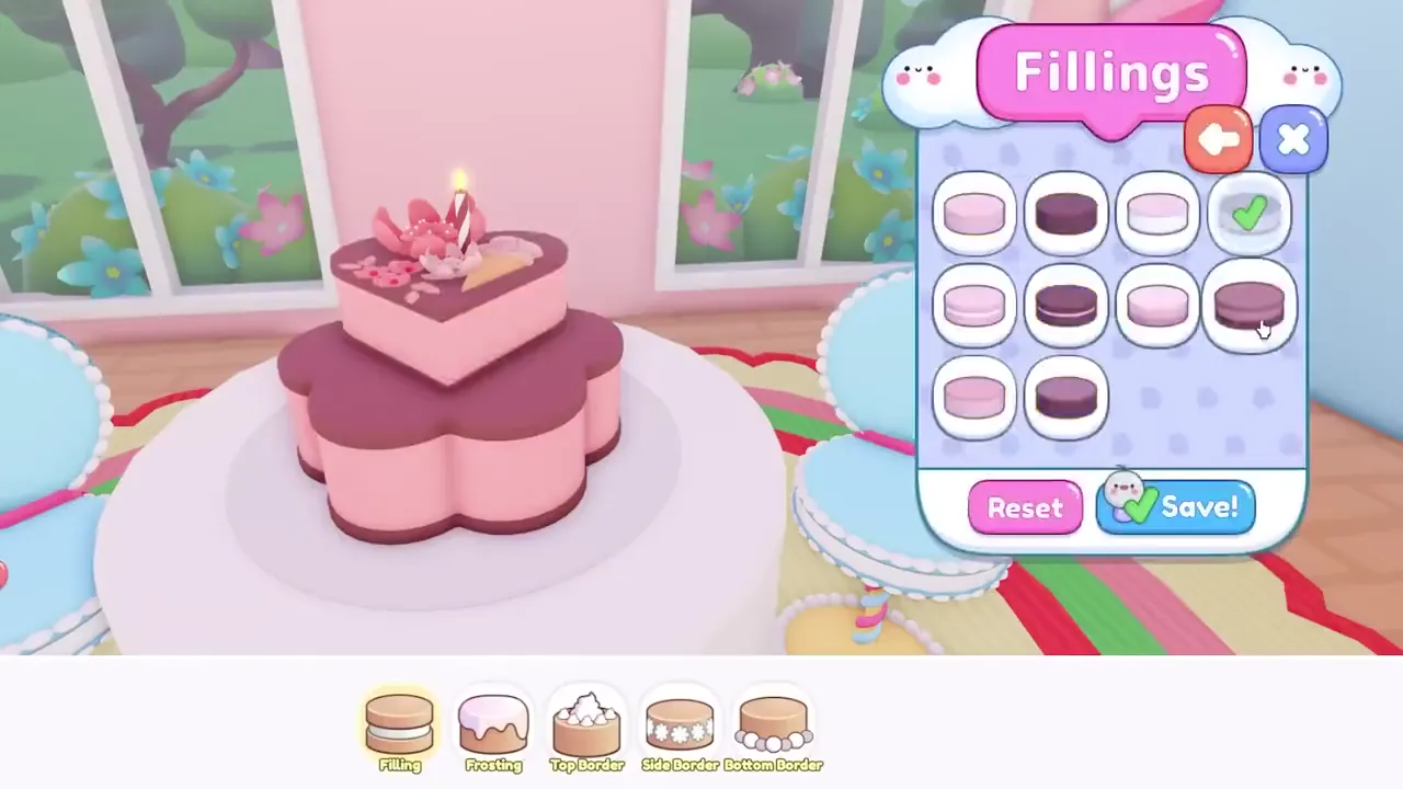A heart-shaped cake on a stand with the Fillings menu open.
