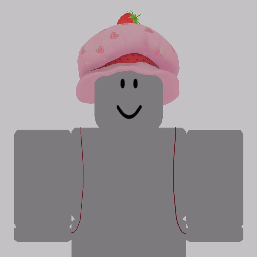 Turntable of a Roblox avatar wearing the Strawberry Shortcake hat and a Strawberry Shortcake doll bag
