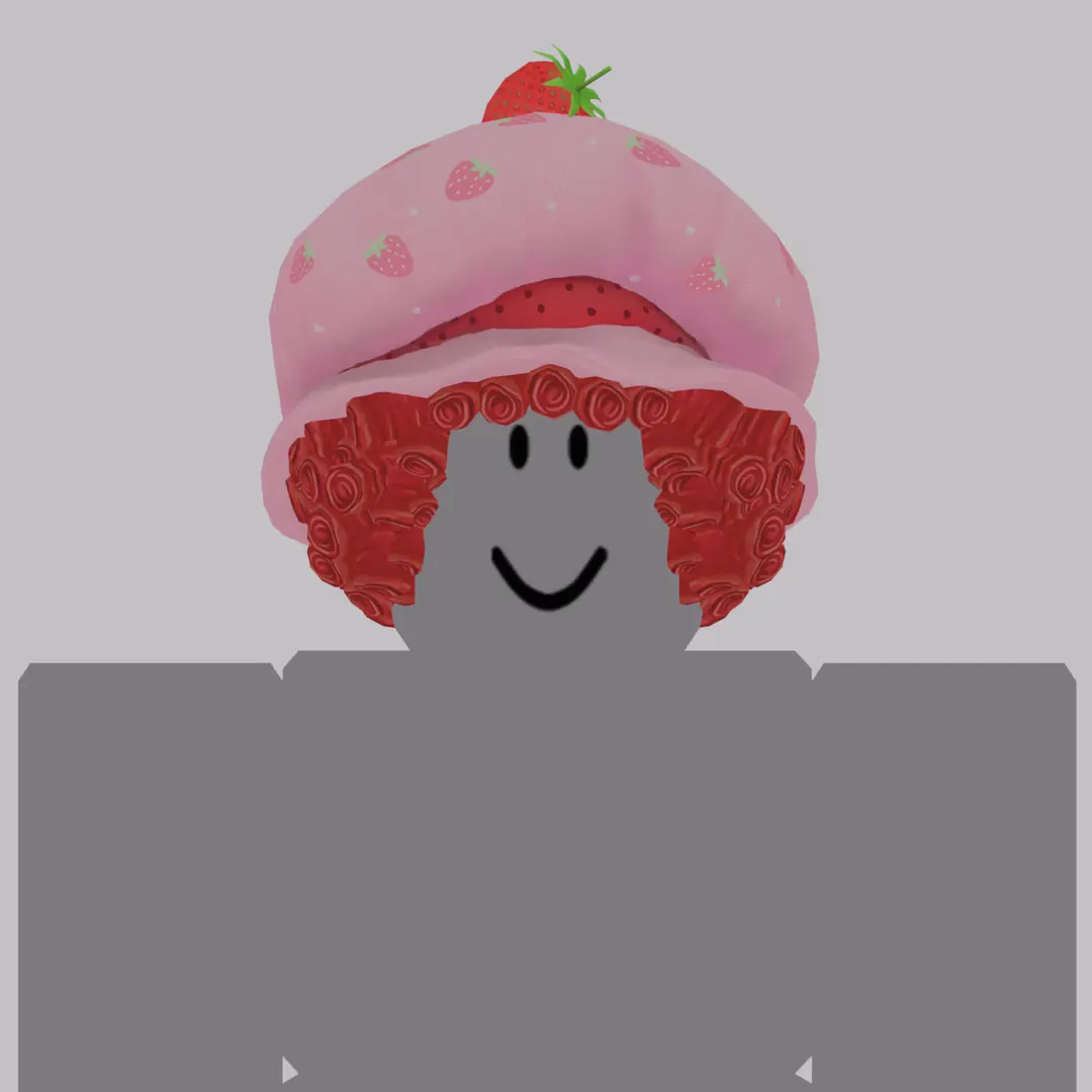 Turntable of a Roblox avatar wearing the Strawberry Shortcake hat with red curls